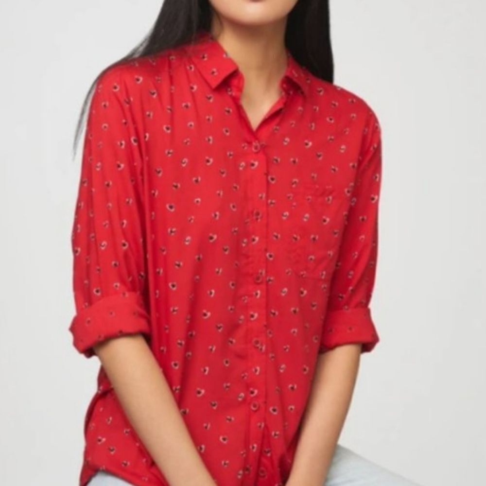 🔺️Anthropologie BeachLunchLounge Red Heart Buttoned Long Sleeve Top Large